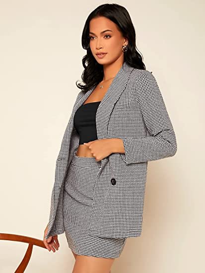 Women's 2 Piece Outfits Houndstooth Double Breasted Blazer and Skirt Suit Set